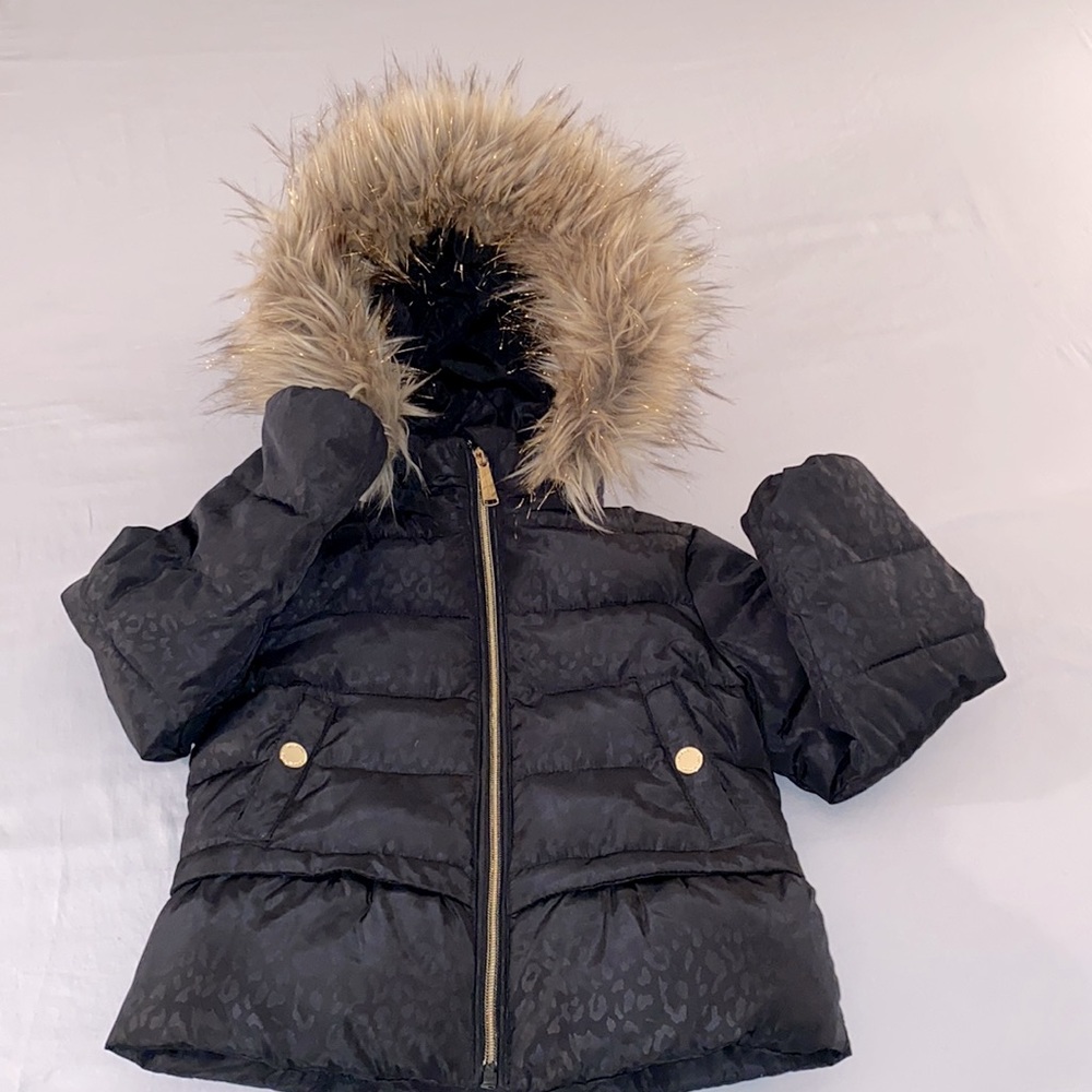 Girls Michael Kors Black Puffer Zip Jacket Animal Print Faux Fur Hood